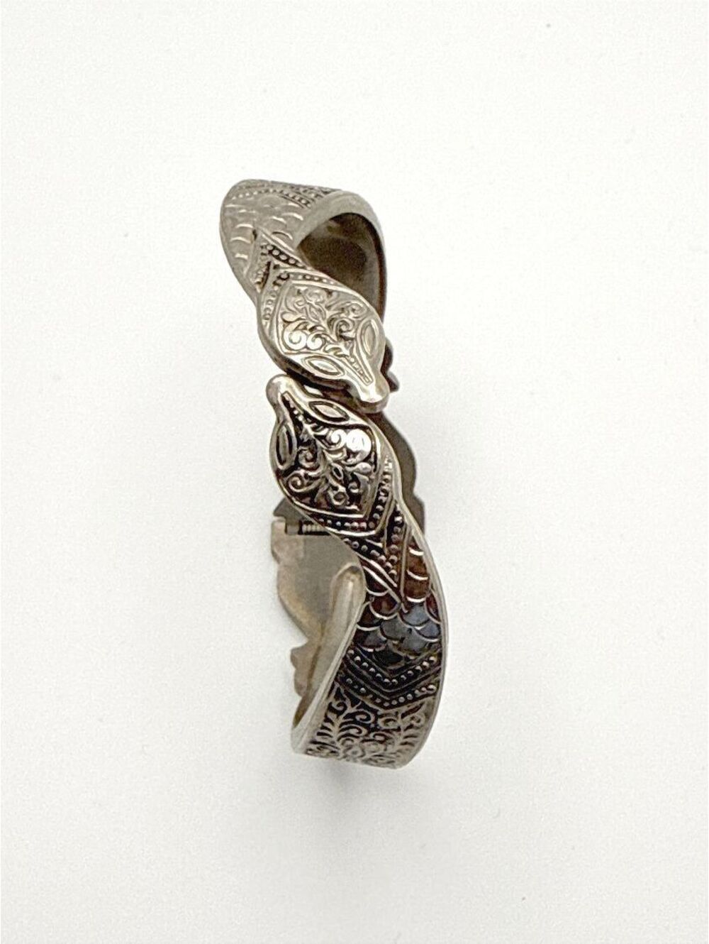 Vintage Etched Hinged Bracelet Silver Tone Snake head floral Clamper Bangle